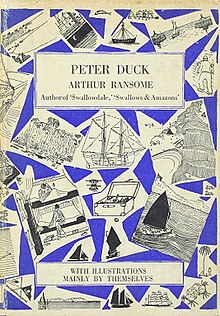 Typical cover art depicting a montage of Arthur Ransome's own illustrations from the book