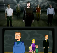 Screen captures of National Organization for Marriage and No on Infinity advertisements both featuring individuals facing a camera with gray storm clouds in the background