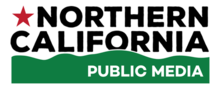 On two lines, a red star and the word NORTHERN in black above the word CALIFORNIA in black. Overlapping the word California is a green shape suggestive of hills, on which the words "Public Media" are displayed in white off to the right.