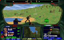 A first-person view of a grassy area, which is surrounded by rising, tree-covered hills. Two squadmates in powered exoskeletons run in front of the camera, firing at a pair of enemies in the distance. A body of water is visible to left of the screen, and a hill to the right rises above the character's view. The sky—blue, with thin white clouds—is visible above the hills. A large visor obscures most of the screen; it depicts detailed tactical information and readouts of the protagonist's status.