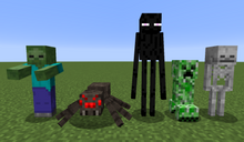 Standing on a flat grassy plain against a blue sky, there is a green zombie wearing a blue shirt and purple pants; a large spider with red eyes; a tall, black, slender creature with purple eyes; a green, four-legged creature; and a skeleton.