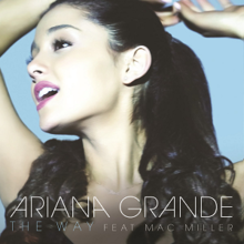 Grande is seen with her hands facing up above her head in front of a light blue background. The artist name and song title are written in capitalized white font underneath