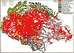 The "Red Map",[136] based on the 1910 census. Regions with population density below 20 persons/km2 (52 persons/sq mi)[137] are left blank and the corresponding population is represented in the nearest region with population density above that limit. Red colour to mark Hungarians and light purple colour to mark Romanians.