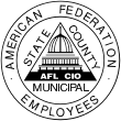 A round graphic featuring a triangle icon with an image of the US capitol building, interspersed with the full name of AFSCME, as well as the acronym of AFL-CIO.