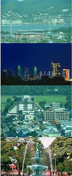 Top: Hasely Crawford Stadium near Invader's Bay. 1st Middle: City Skyline 2008. 2nd Middle: Queen's Park Savannah. Bottom: Woodford Square fountain