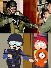 Montage: On top, an armored man with a rifle reaches for a scared young boy being held in the arms of an adult male in an open closet. On bottom, a frame from an animated show mimicking the picture above, with an adult female instead holding a young boy.