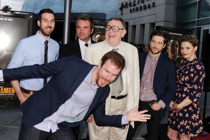 Joe Swanberg (front), Ti West, A.J. Bowen, Gene Jones, Kentucker Audley and Amy Seimetz at "The Sacrament" screening at the Arclight