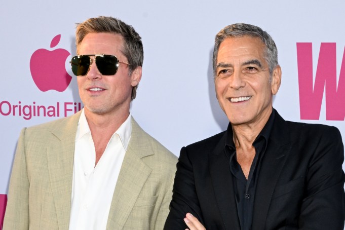 Brad Pitt and George Clooney at the premiere of "Wolfs" held at TCL Chinese Theatre on September 18, 2024 in Los Angeles, California.  (Photo by Gilbert Flores/Variety via Getty Images)