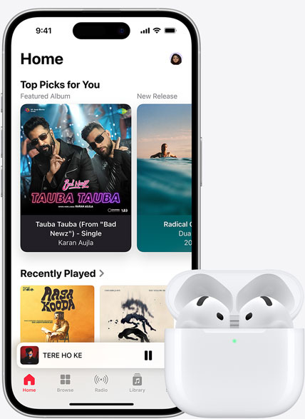 iPhone 16 playing music next to airpods