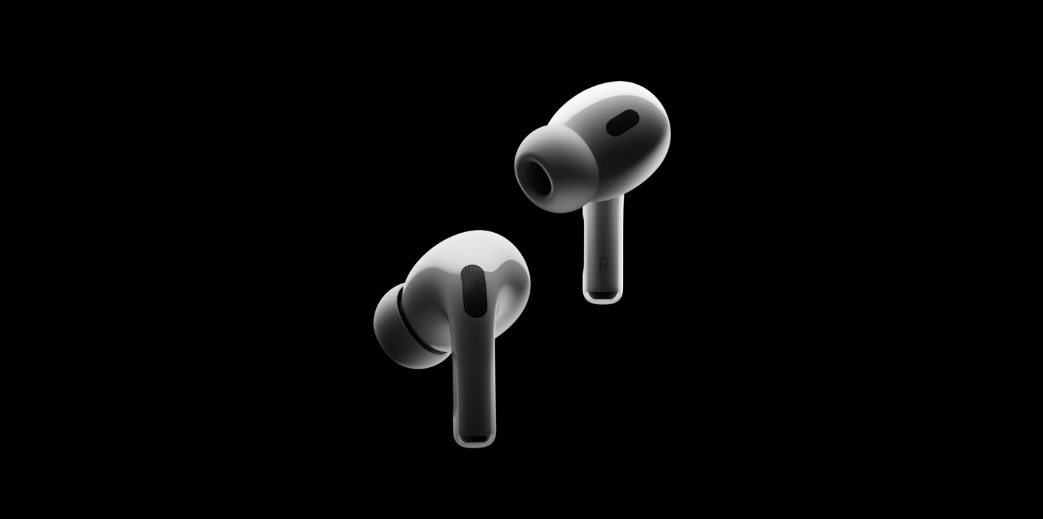 Imagem aproximada dos AirPods Pro 2 em 360 graus