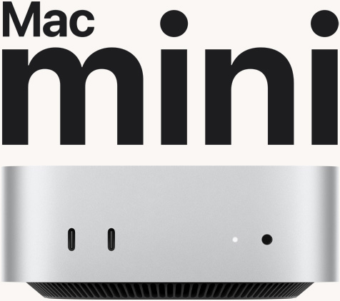 Pohľad spredu na strieborný Mac mini, na ktorom vidieť predné porty a svetlo indikátora.