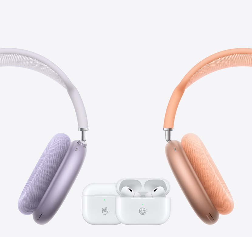 AirPods Max on left and right with AirPods 4 and AirPods Pro 2 in the centre.