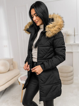 Bolf Damen Winterjacke mit Kapuze Schwarz-Braun 16M9099