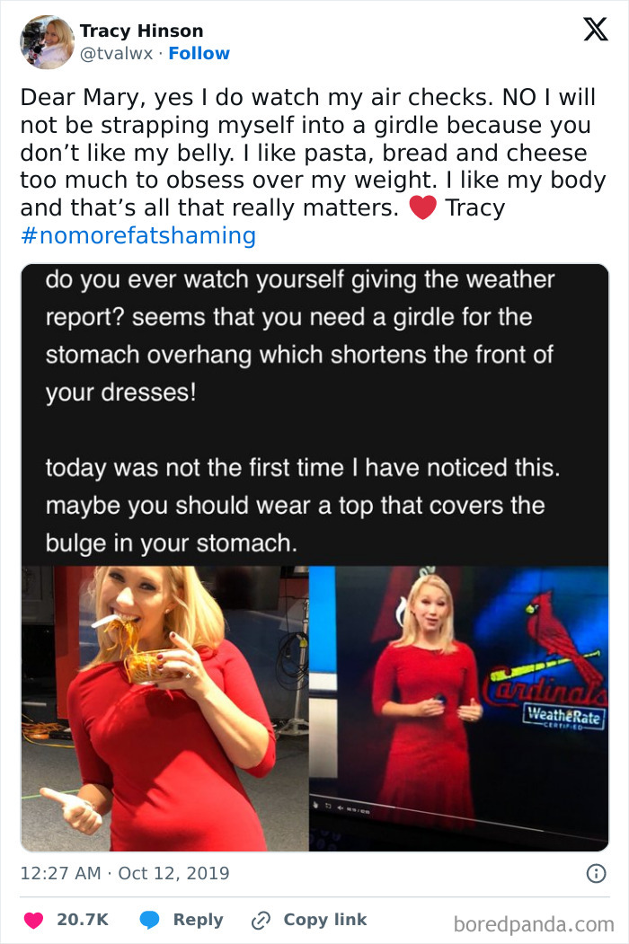 Woman responding to body shaming with confidence while wearing a red dress as she presents on TV.