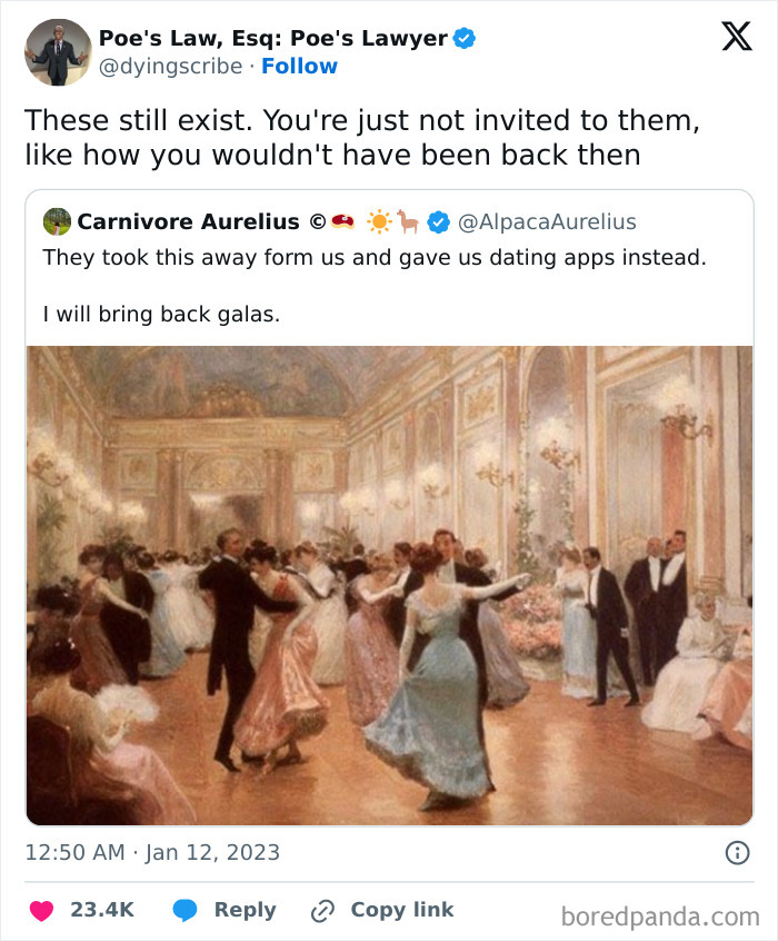 Vintage ballroom scene meme highlighting relatable boujeeee humor.