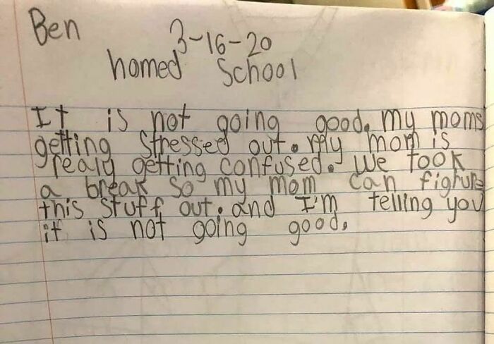 Child's journal entry about mom's stress during homeschooling, reflecting real-life challenges of women.