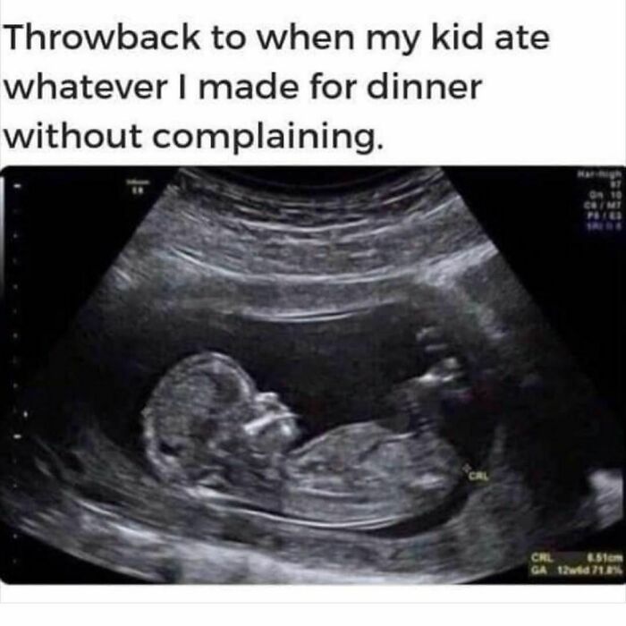 Ultrasound image with humorous text about kids and dinner, related to women in real life pics.