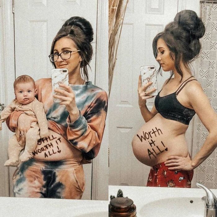 Woman documenting pregnancy and post-birth journey, holding baby with text "Worth it all!" on her belly.