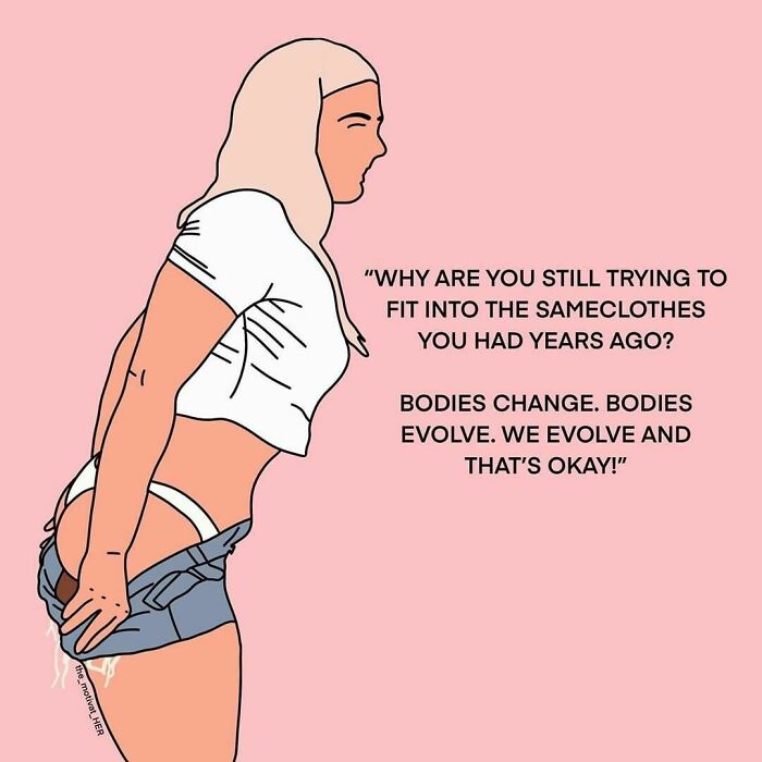 Cartoon woman trying on shorts with text about body acceptance; keyword: women in real life.