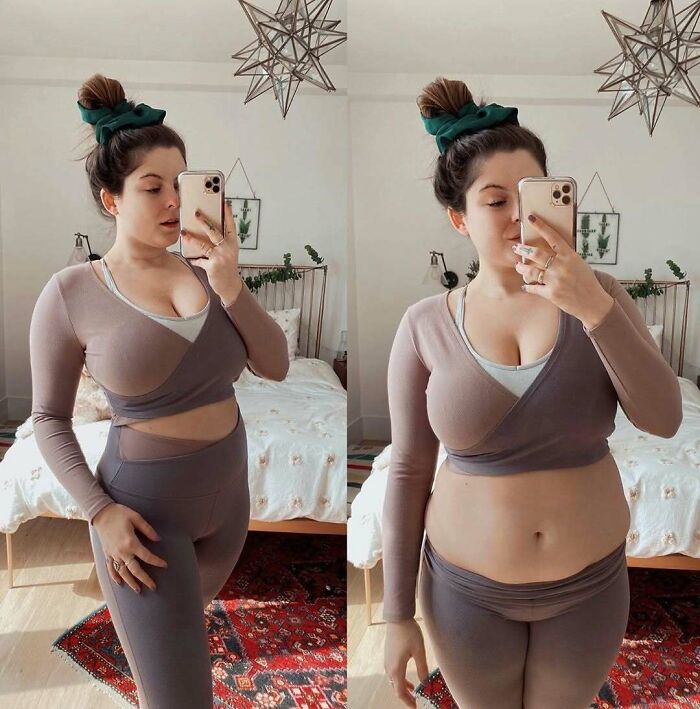 Woman taking a mirror selfie in a cozy room wearing workout clothes, embodying real-life moments.