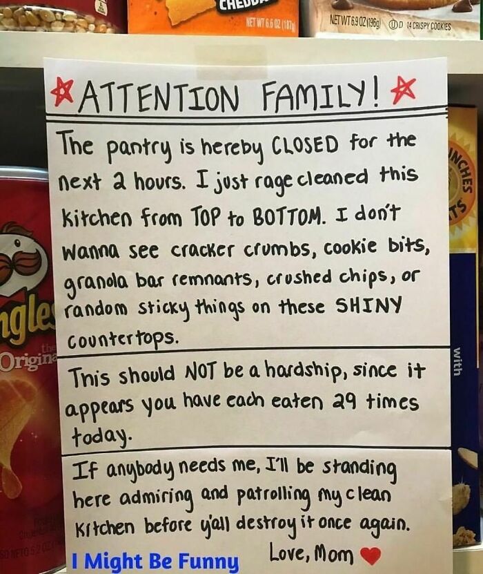 Note on closed pantry door with a message about a clean kitchen, humorously signed by mom.