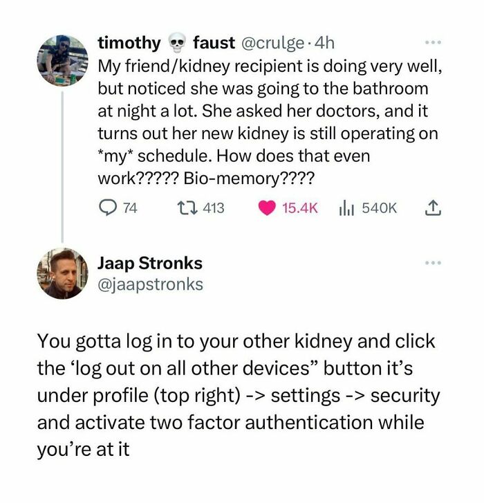 A hilarious meme about kidney schedules and logging out of other devices, shared on Instagram.