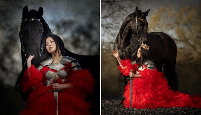 We Did An Enchanted Autumn Warrior Queen Photoshoot With A Sword, A Red Dress, And A Black Horse (10 Pics)