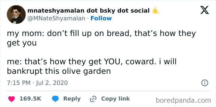 Hilarious meme about bread at Olive Garden with humorous text exchange between mom and child.