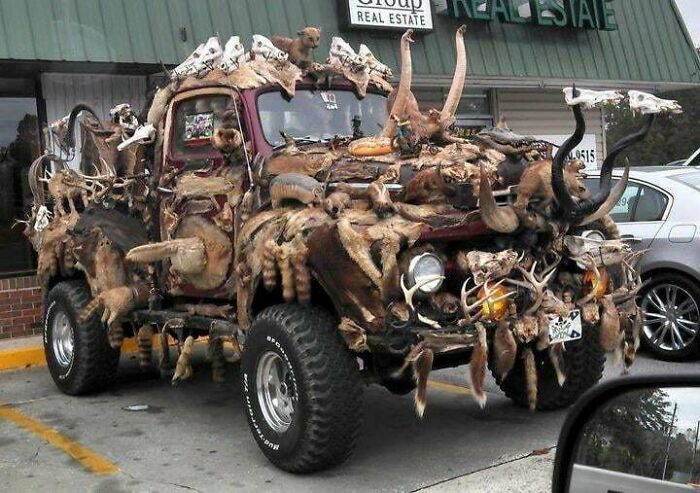 Unique truck decorated with animal pelts and antlers in a humorous car-fails display at a parking lot.