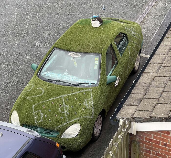 Grass-covered car with a soccer field design, illustrating a creative car-fail.