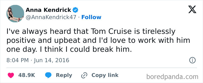 Hilarious meme featuring a tweet about Tom Cruise's positivity and a playful comment on working with him someday.