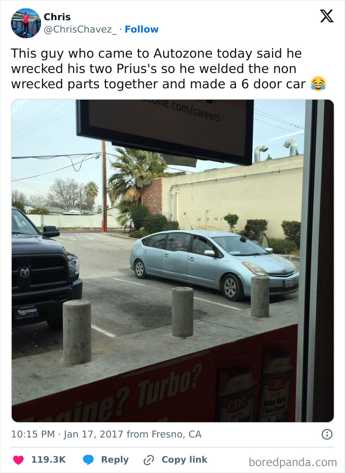 A modified car with six doors, showcasing a humorous car-fail in a parking lot.