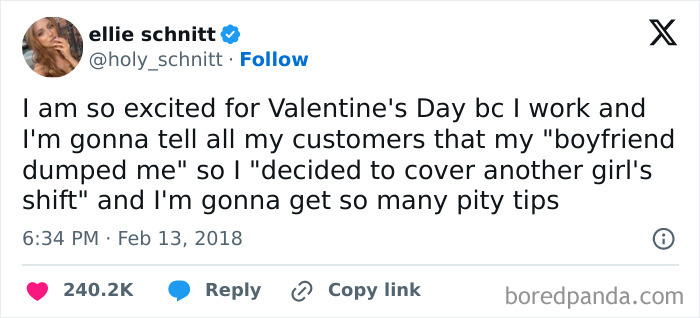 Hilarious meme about Valentine's Day tips from an Instagram page, featuring a witty plan for extra earnings.