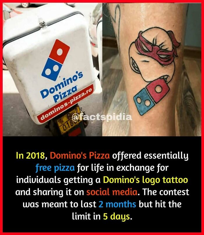 Domino's Pizza delivery scooter and a Domino's logo tattoo on a person's leg.