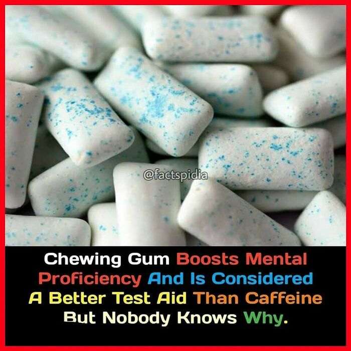 Chewing gum pieces with blue specks, boosting mental proficiency as a surprising fact.