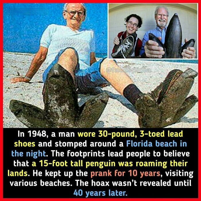 Man wearing giant lead shoes on a beach, part of a surprising hoax from 1948 involving fake penguin footprints.