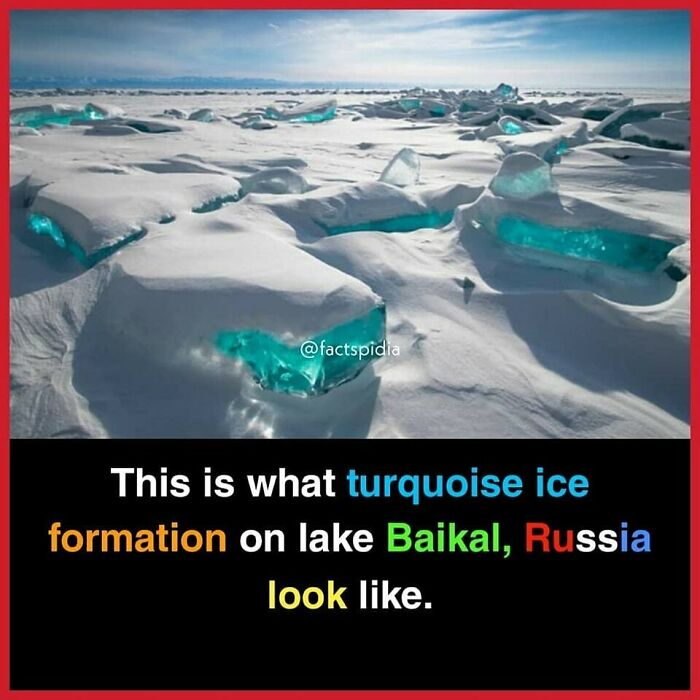 Turquoise ice formations on snowy Lake Baikal, Russia's surface, showcasing unique natural beauty.