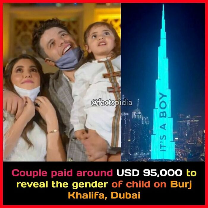 Family reveals gender of child with a "It's a boy" display on Burj Khalifa in Dubai, highlighting an interesting fact.