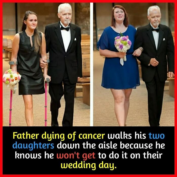 Father with two daughters walking down the aisle, creating a touching surprising moment.