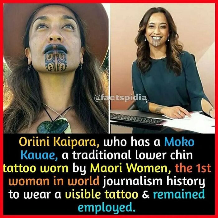 A woman with a traditional Maori Moko Kauae tattoo on the chin, showcasing interesting cultural facts.