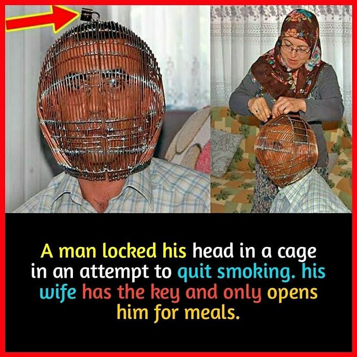 Man with a cage on his head to quit smoking, wife adjusts it at home.