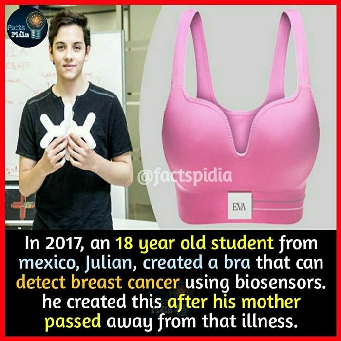 Teen inventor from Mexico holds a device designed to detect breast cancer, showcasing an innovative bra invention.