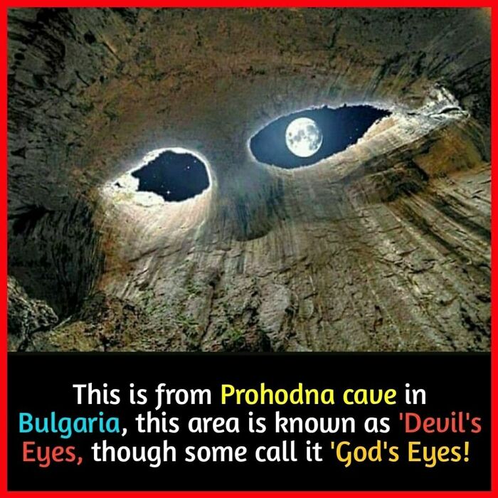 Moonlight through the "Eyes of God" in Prohodna Cave, Bulgaria, creating a surprising natural formation.