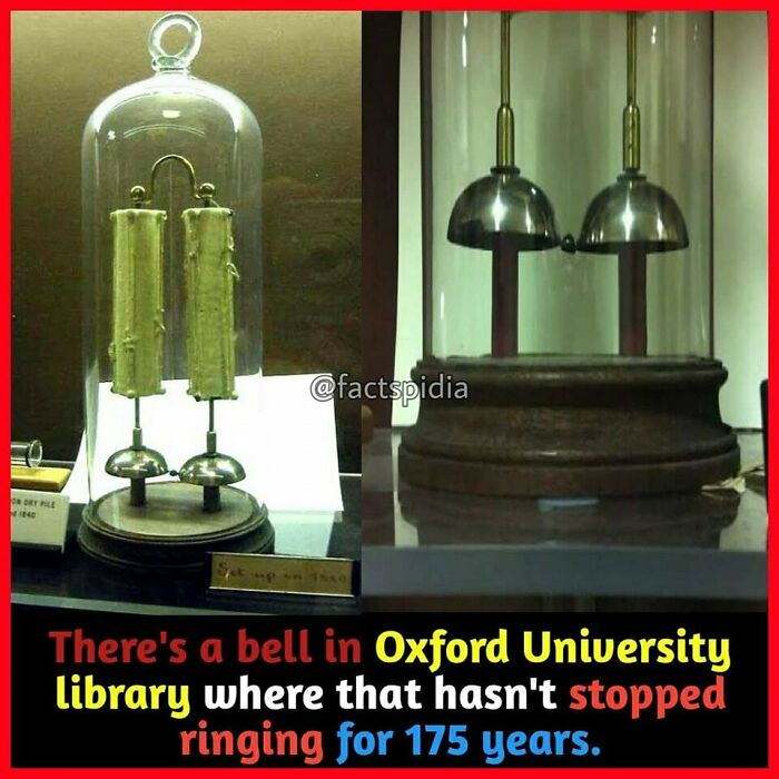 Bell under glass dome in Oxford University library, continuously ringing for 175 years.