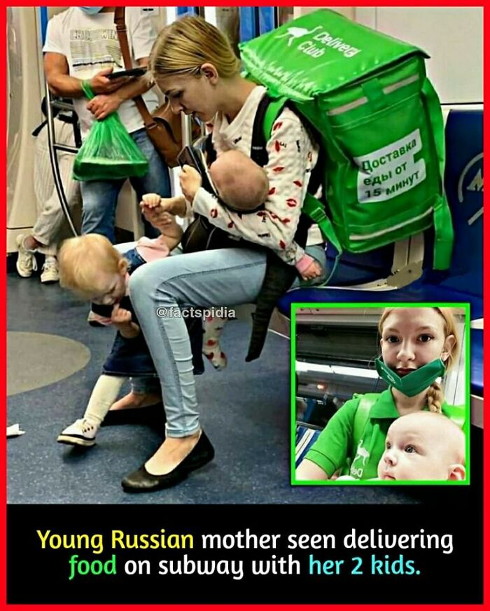 Young mother delivering food on subway with her two kids, surprising scene captured.