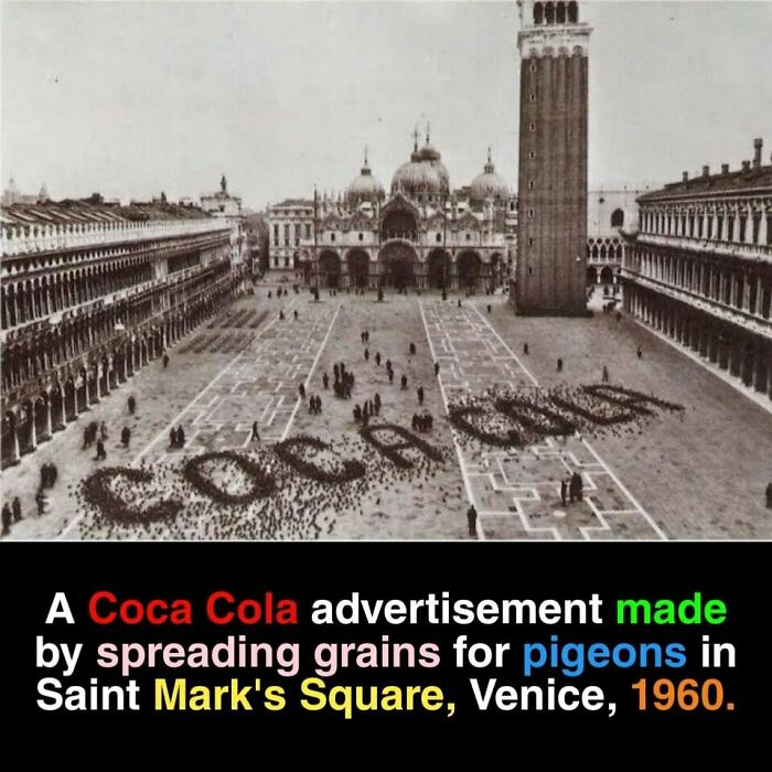 Coca Cola grains form logo in St. Mark's Square, Venice, 1960, attracting pigeons; an interesting fact scene.