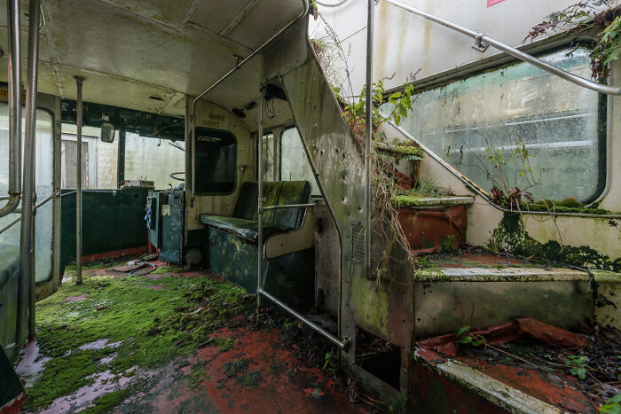 Interior of an abandoned Irish ghost bus with moss-covered seats and staircase.