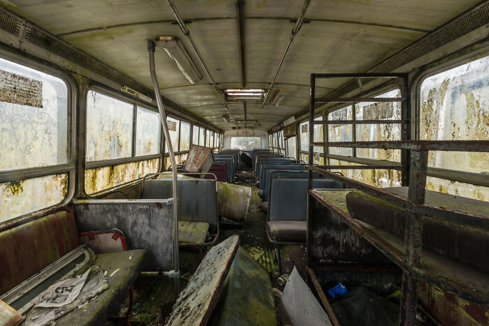 Abandoned Irish ghost bus interior with decaying seats and moss-covered floor.