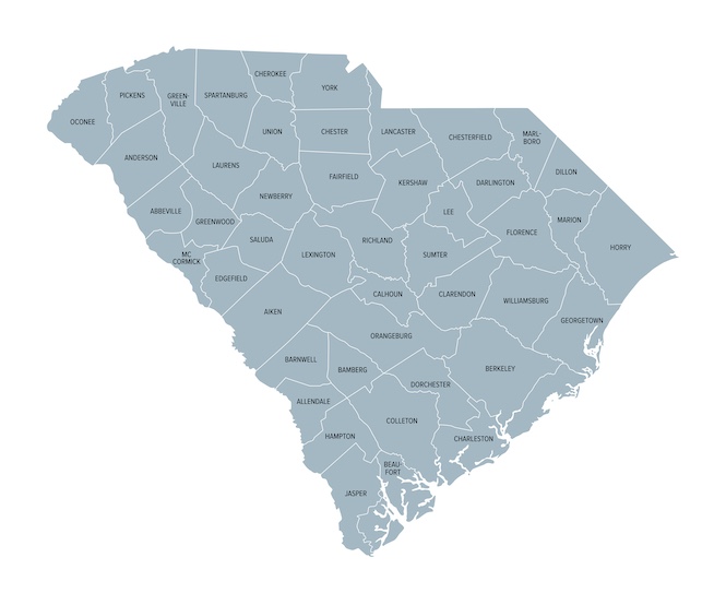 Map of South Carolina with counties outlined