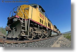 california, fisheye lens, horizontal, nipton, trains, west coast, western usa, yellow, photograph